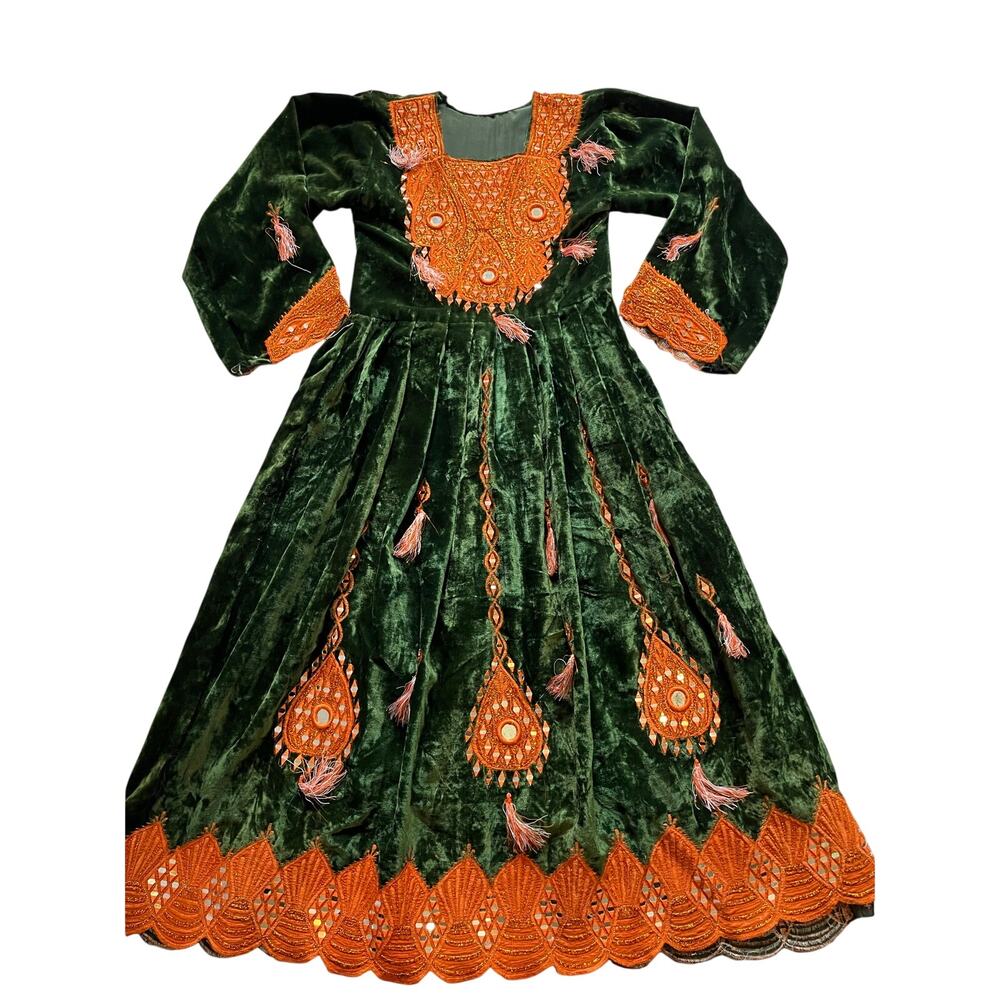 Vtg Afghan Kochi Dress Green Velvet Orange Embroidery Mirror Work Firaq Partug M